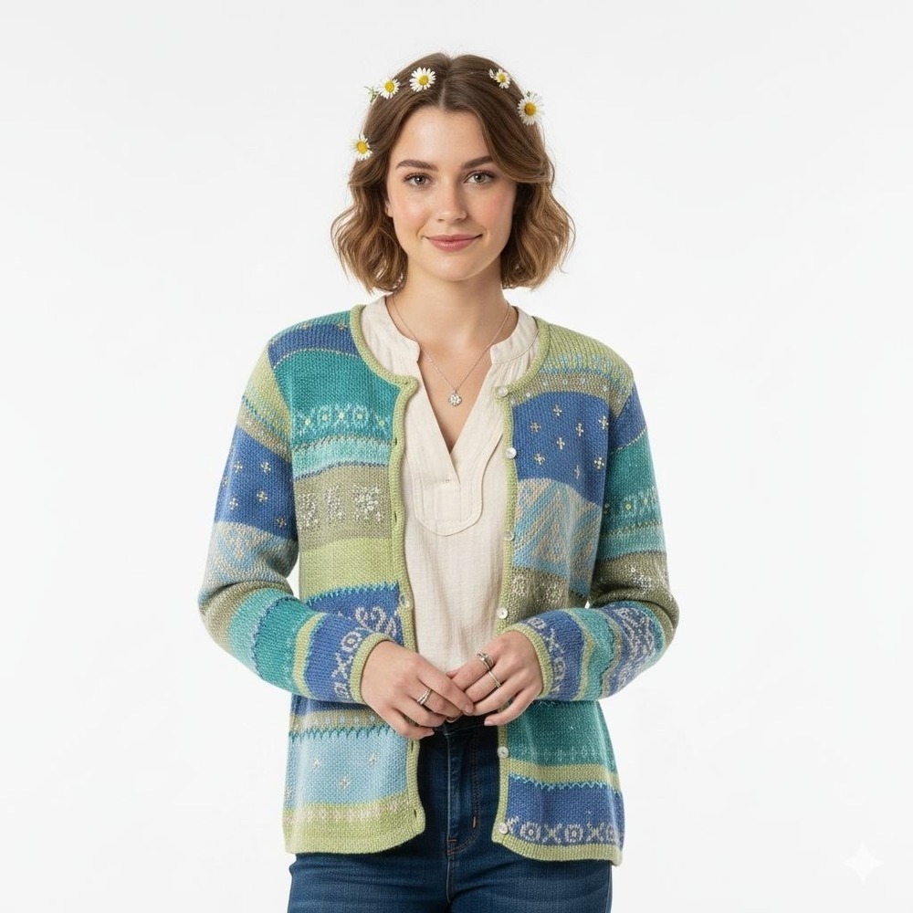 David Brooks Silk Cardigan Sweater Medium Cottage Vintage Art Knit Grandma Cabin